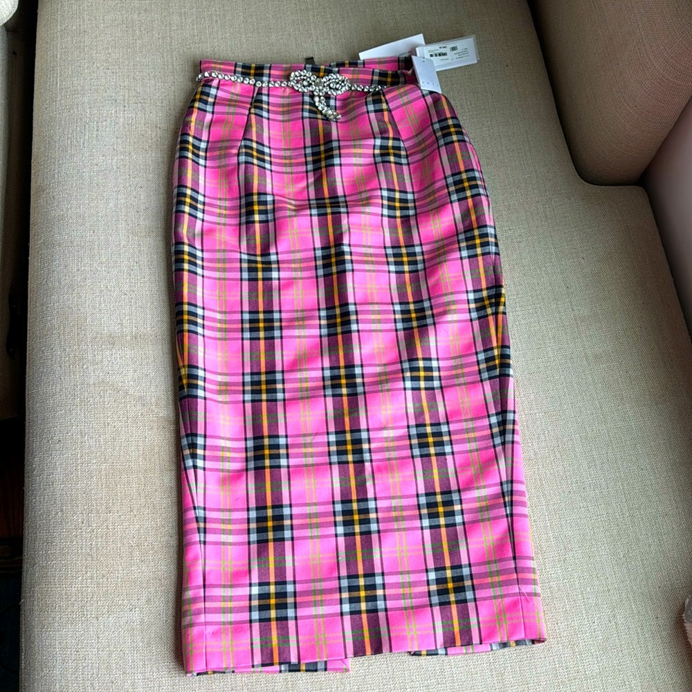 AREA Crystal Trim Bow Midi Skirt Pencil Sz 8 NWT Pink Plaid